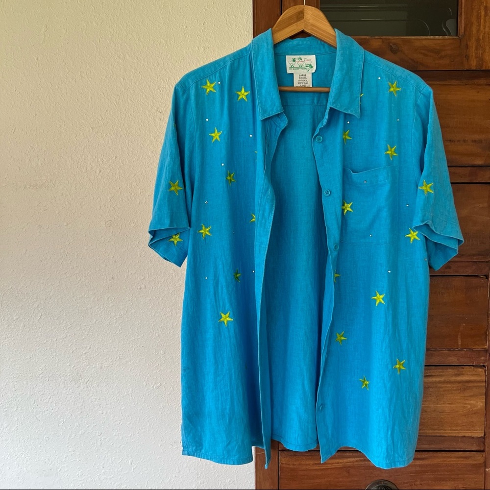 Bright blue large linen blend button up quirky Y2K